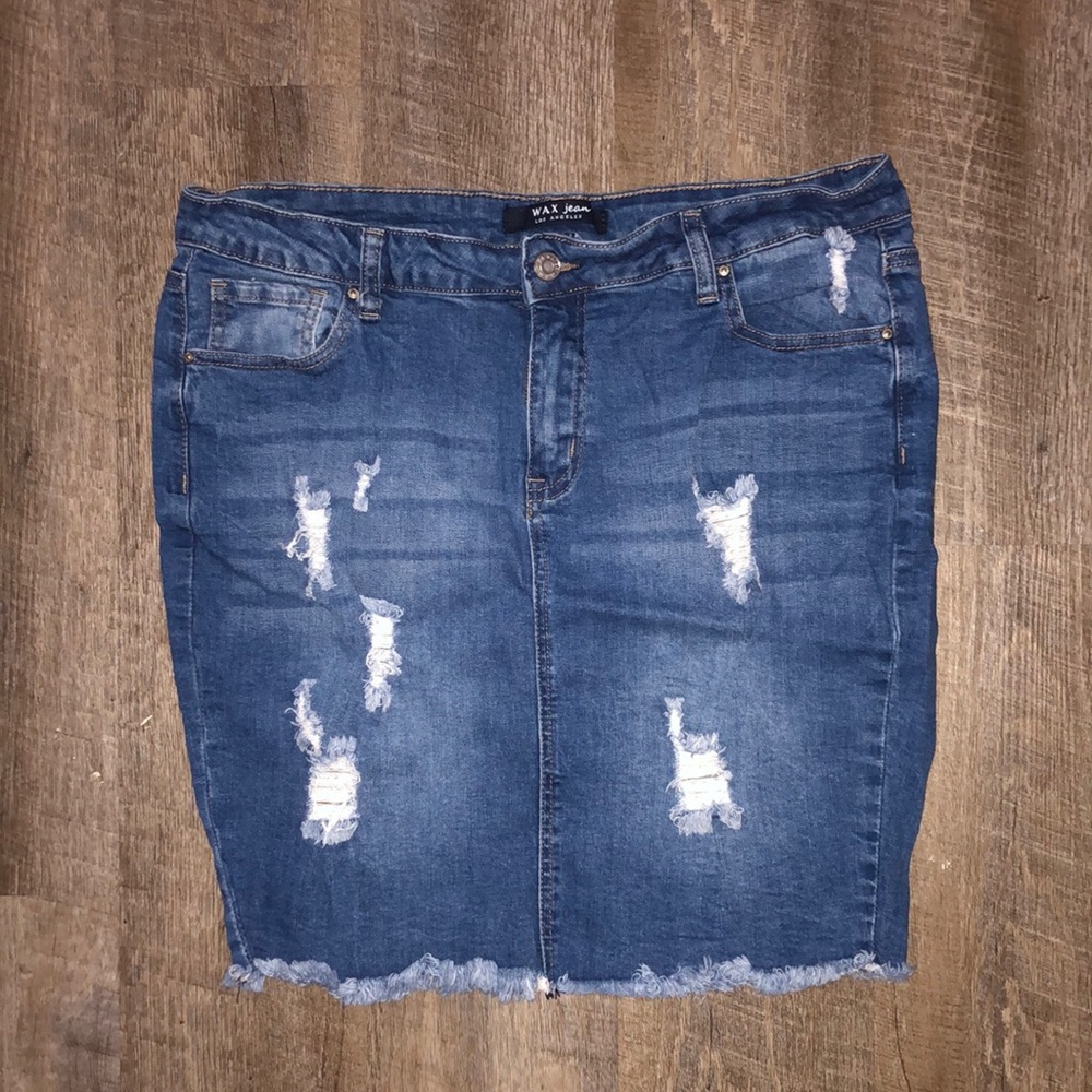 Distressed blue jean skirt